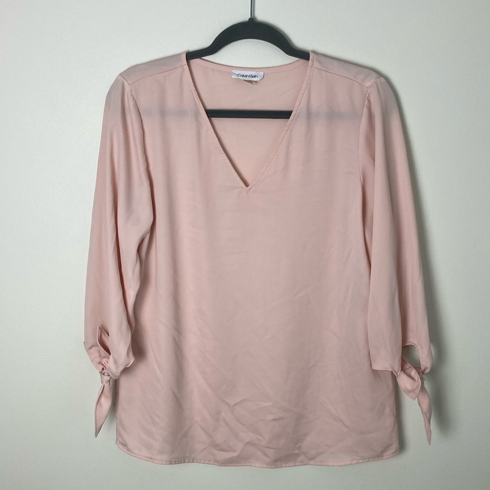 Calvin Klein Sheer Light Pink Blouse Long Tie Sleeves Women's Size Medium